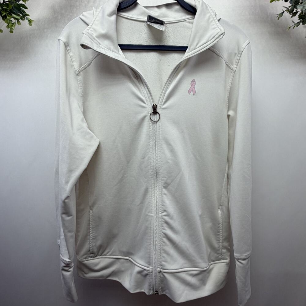 New Balance Women’s Hooded Full Zip Jacket Pockets Off White Breast Cancer Sz L